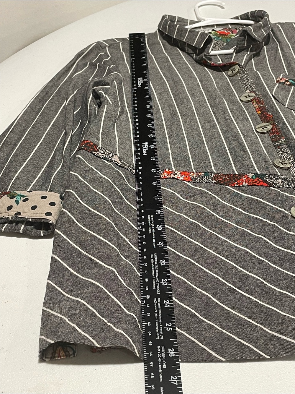 John Mark Boho Chic Gray White Pinstripe Tunic Floral Patchwork Accents Sz M - Picture 12 of 12